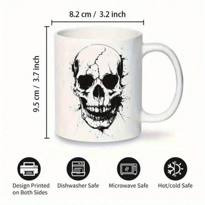 Tailorly White Ceramic 11 oz Mug - Distressed Ink Splatter Cracked Bone Structure With Dark Hollow Eye Sockets Skull