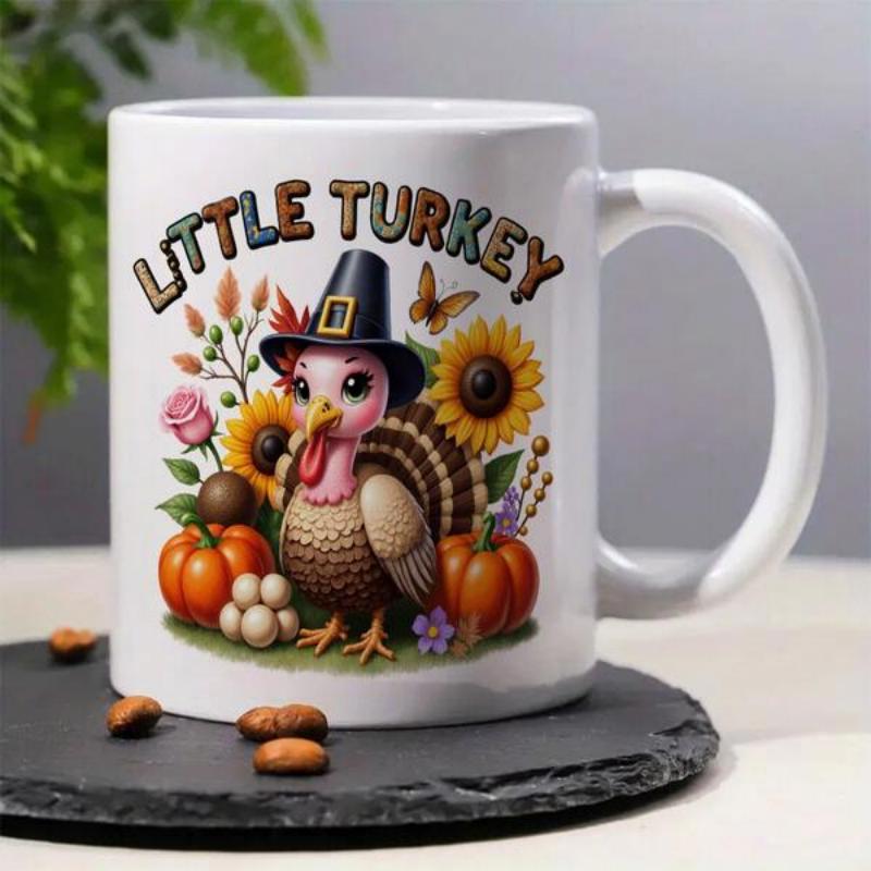 Tailorly White Ceramic 11 oz Mug - Little Turkey Adorned With Pilgrim Hat Among Autumn Sunflowers And Harvest Pumpkins Turkey
