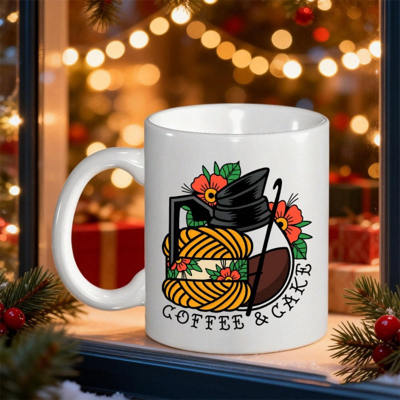 Tailorly White Ceramic 11 oz Mug - Coffee Cake Vintage Style Glass Carafe With Yellow Yarn And Red Flowers Pot