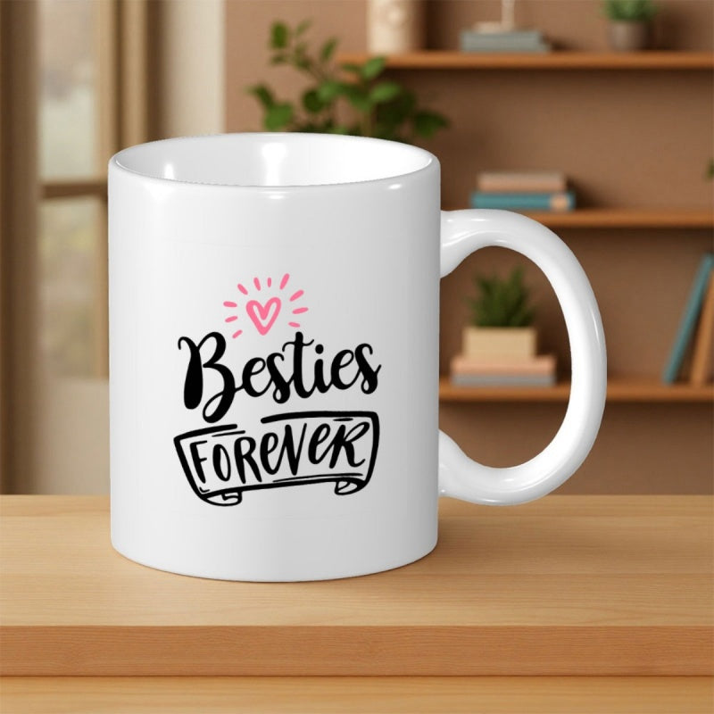 Tailorly White Ceramic 11 oz Mug - Besties Forever Minimalist White Ceramic With Pink Heart And Stylish Hand Lettering Text Mug