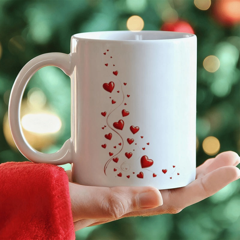 Tailorly White Ceramic 11 oz Mug - Vibrant Red Cascading Floating Along Delicate Graceful Swirling Pattern Hearts