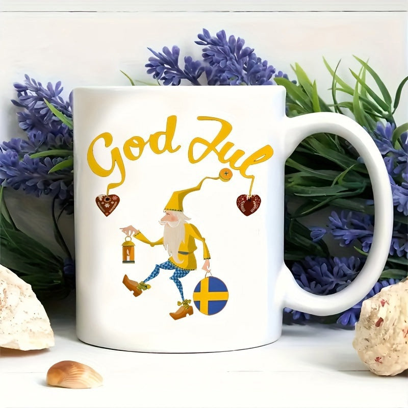 Tailorly White Ceramic 11 oz Mug - Traditional Festive Scandinavian Character Holding A Lantern And Flag Shield Gnome