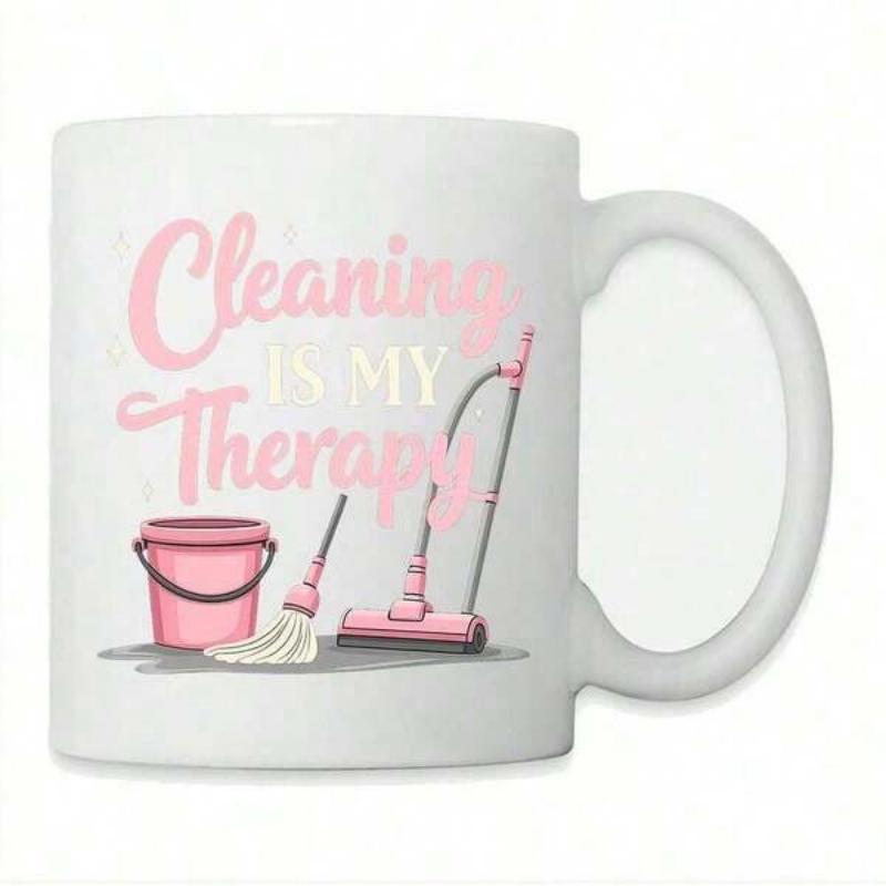 Tailorly White Ceramic 11 oz Mug - Cleaning Is My Therapy Pink Household Cleaning Tools With A Mop And Bucket Supplies