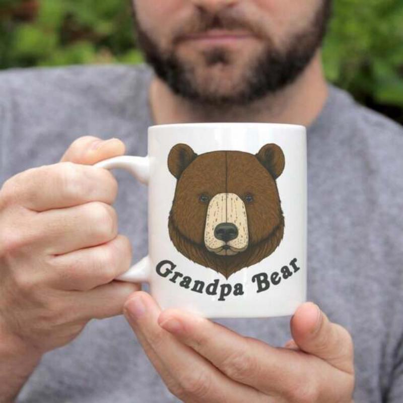 Tailorly White Ceramic 11 oz Mug - Grandpa Bear Rustic Brown Textured Animal Portrait Among Curved Bold Black Text Bear