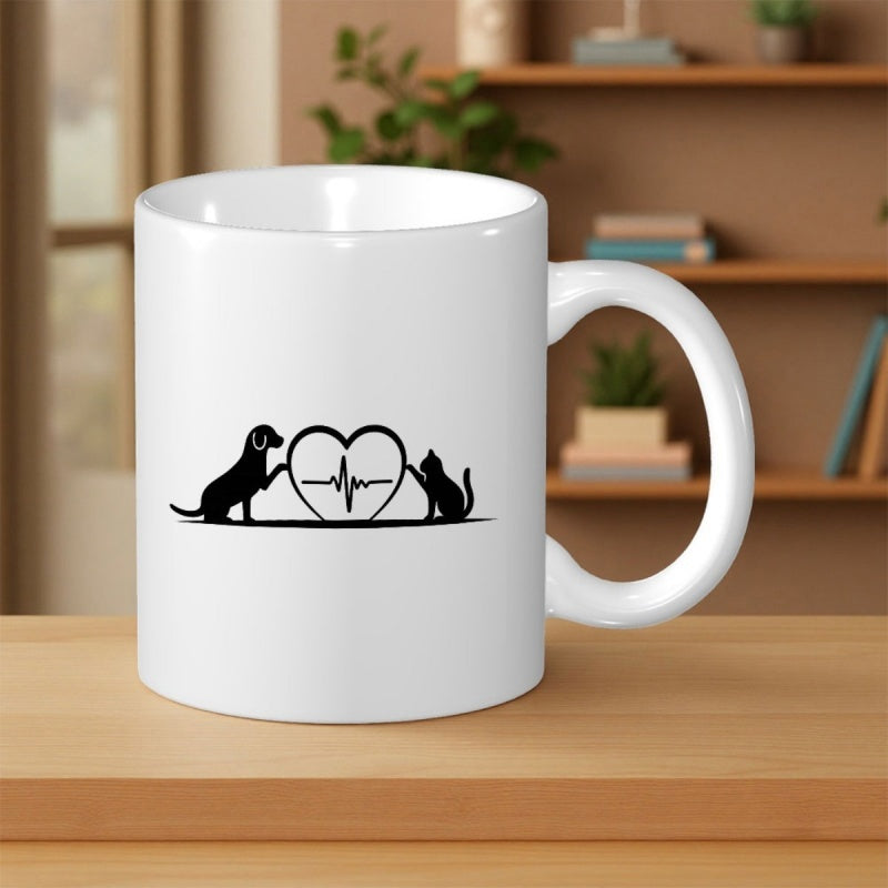 Tailorly White Ceramic 11 oz Mug - Adorable Black Silhouettes Of A Dog And Cat With A Pulsing Heart