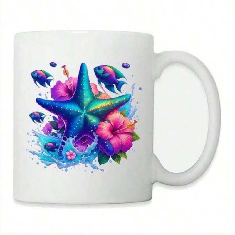 Tailorly White Ceramic 11 oz Mug - Vibrant Tropical Fish Swimming Among Pink Hibiscus Flowers And Water Splash Starfish