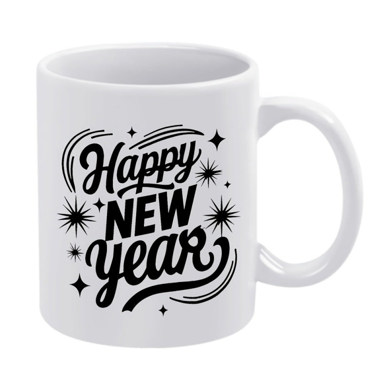 Tailorly White Ceramic 11 oz Mug - Happy New Year Festive Sparkling Stars Among Artistic Swirls And Elegant Floating Dots Mug