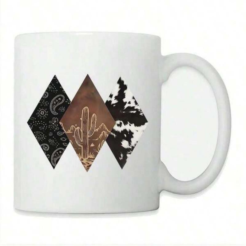 Tailorly White Ceramic 11 oz Mug - Three Diamond Shapes Featuring Western Paisley And Rustic Desert Mountain Cactus