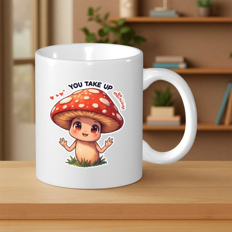 Tailorly White Ceramic 11 oz Mug - You Take Up So Much Mushroom Adorable Little Cartoon Character With Red Spotted Cap Resting On Grass Mushroom