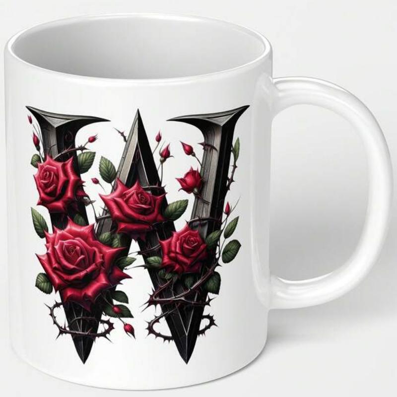 Tailorly White Ceramic 11 oz Mug - W Gothic Black Metal Stylized Letter Entwined With Thorns And Vivid Rose