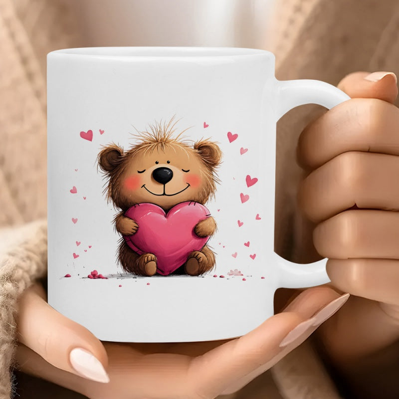 Tailorly White Ceramic 11 oz Mug - Adorable Fuzzy Brown Animal Hugging Large Pink Heart Amidst Floating Tiny Hearts Bear