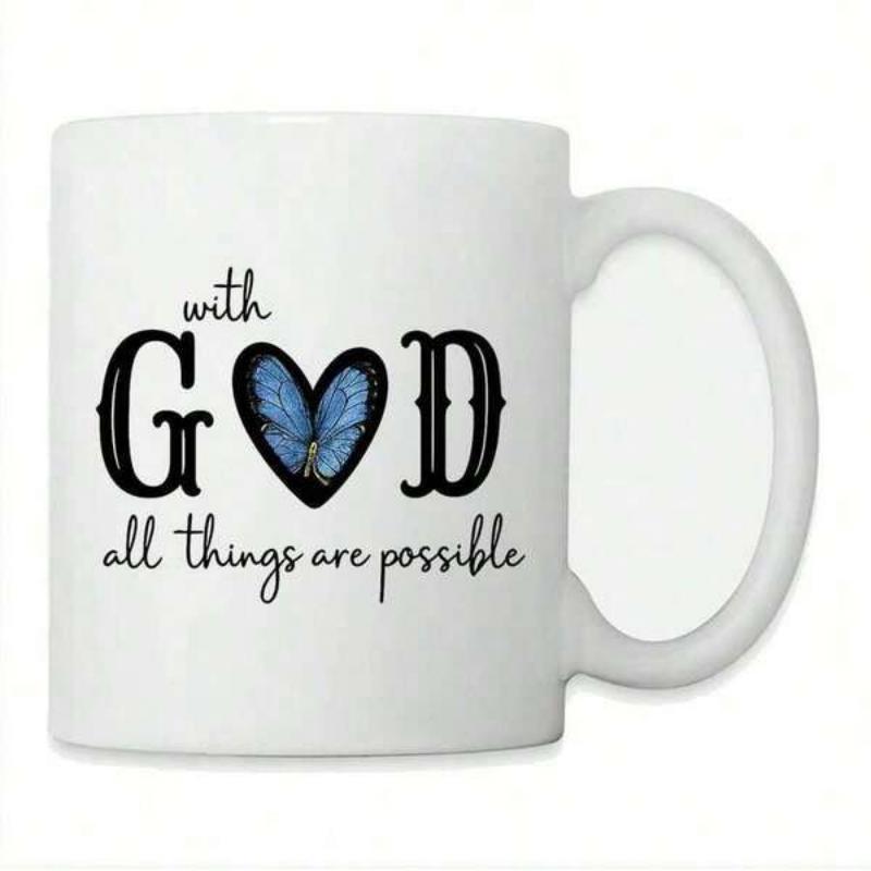Tailorly White Ceramic 11 oz Mug - With God All Things Are Possible Vibrant Blue Wings Nestled Inside A Dark Heart Frame Butterfly