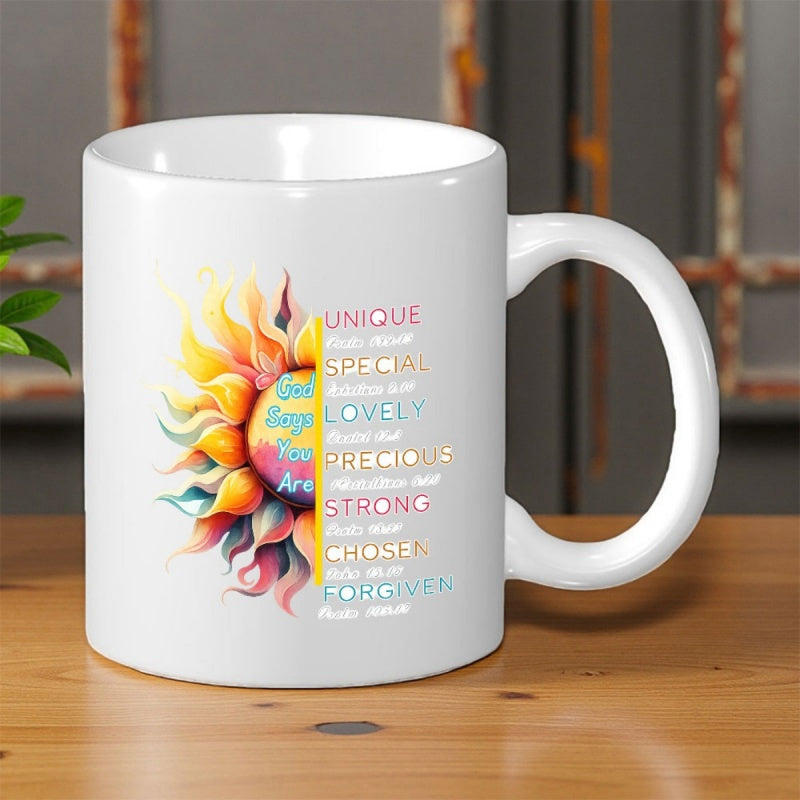 Tailorly White Ceramic 11 oz Mug - Unique Special Lovely Precious Strong Chosen Forgiven God Says You Are Vibrant Artistic Half Petals With Spiritual Motivational