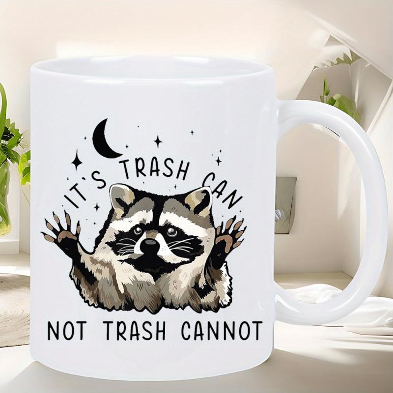 Tailorly White Ceramic 11 oz Mug - Its Trash Can Not Trash Cannot Curious Forest Creature Peering Under A Crescent Moon And Twinkling Stars Raccoon