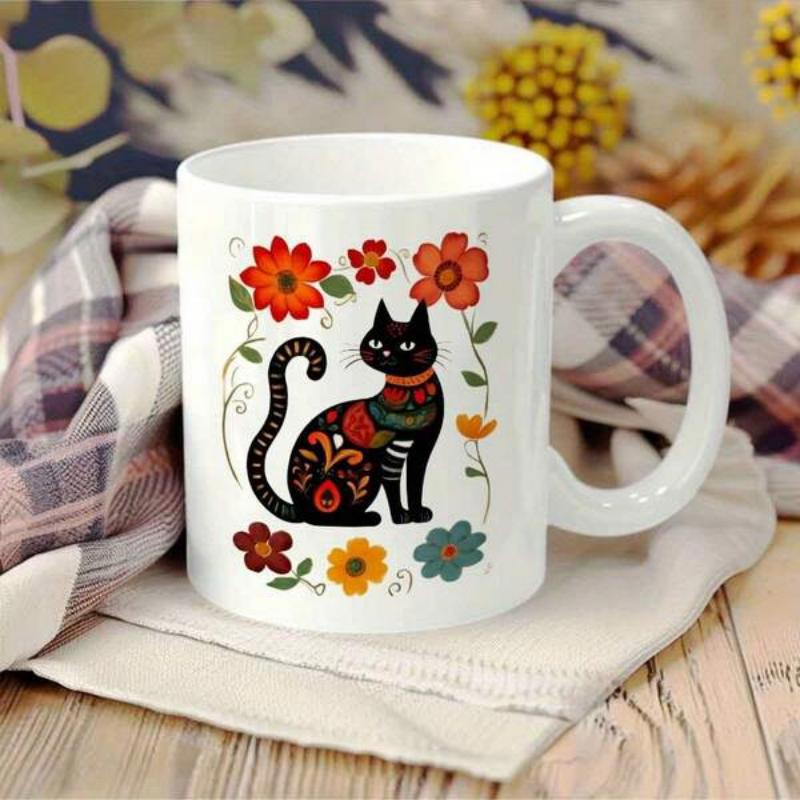 Tailorly White Ceramic 11 oz Mug - Charming Folk Art Style Black Feline Among Colorful Whimsical Garden Flowers Cat