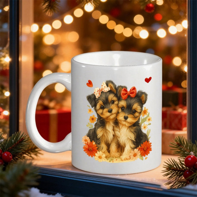 Tailorly White Ceramic 11 oz Mug - Adorable Pair Of Yorkshire Terriers With Festive Bows Among Bright Flowers Yorkie