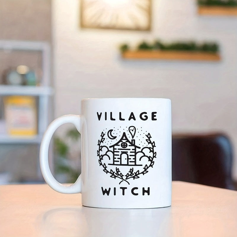 Tailorly White Ceramic 11 oz Mug - Village Witch Minimalist Mystical Cabin Surrounded By Celestial Wreath And Glowing Moon House