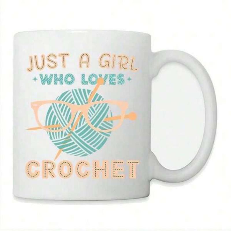 Tailorly White Ceramic 11 oz Mug - Just A Girl Who Loves Crochet Decorative Teal Ball Of Yarn With Needles And Orange Eyeglasses Crochet