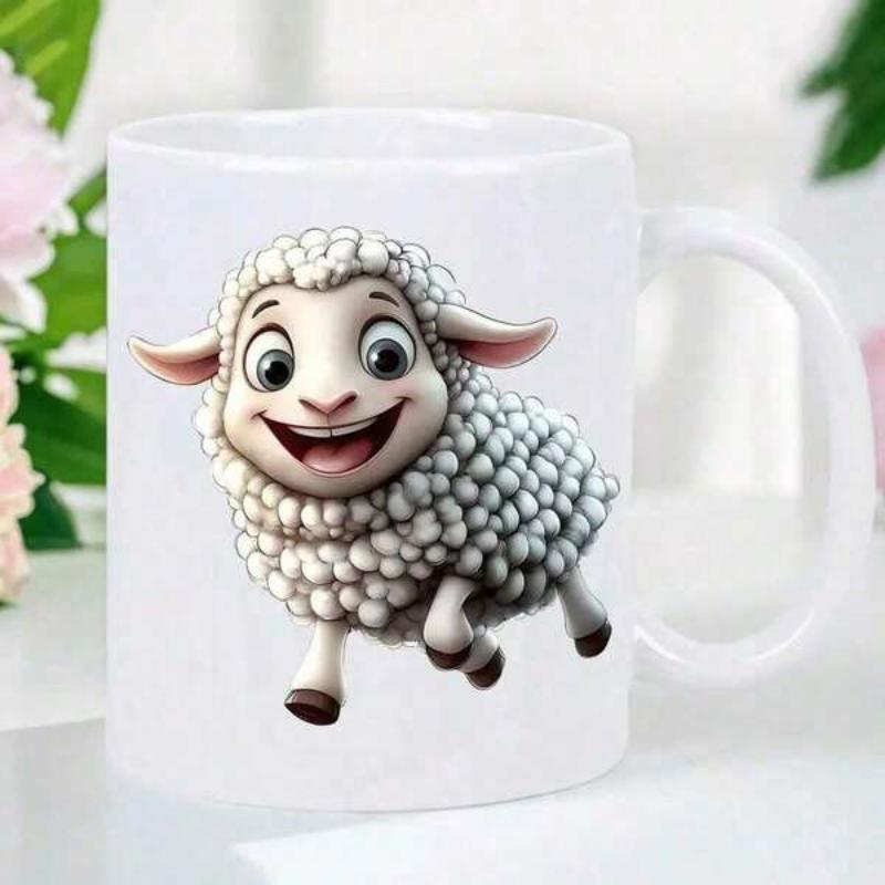 Tailorly White Ceramic 11 oz Mug - Happy Fluffy Cartoon Lamb Running With Joyful Expression On White Sheep