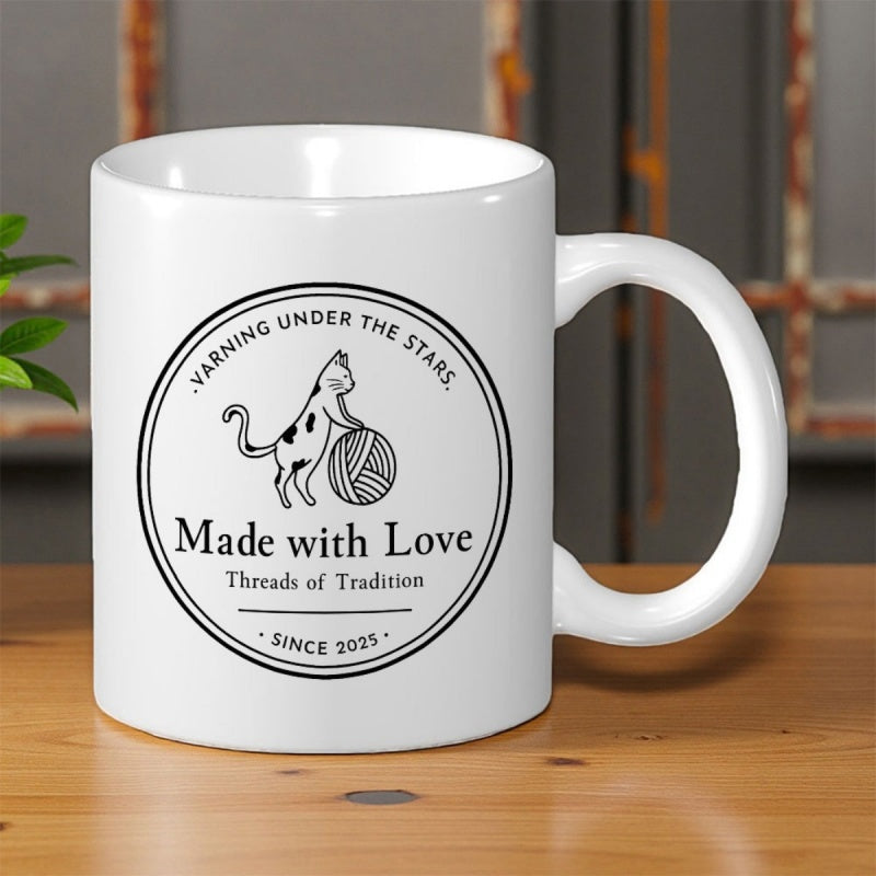 Tailorly White Ceramic 11 oz Mug - Made With Love Threads Of Tradition Since 2011 Under The Stars Vintage Circular Badge Featuring A Spotted Feline Holding A Yarn