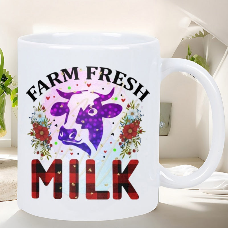 Tailorly White Ceramic 11 oz Mug - Farm Fresh Milk Rustic Purple Cow With Floral Blooms And Plaid Buffalo Pattern Cow