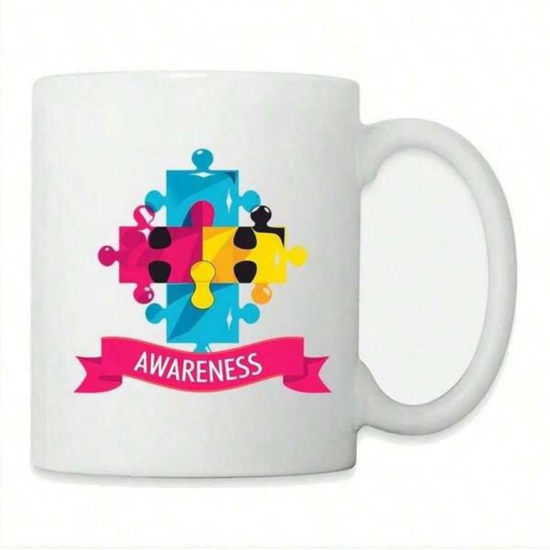 Tailorly White Ceramic 11 oz Mug - Awareness Vibrant Interlocking Colorful Shapes Within A Pink Banner Ribbon Puzzle
