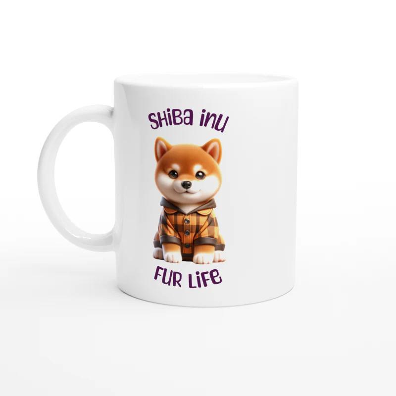 Tailorly White Ceramic 11 oz Mug - Shiba Inu Fur Life Adorable Small Shiba Inu Wearing A Brown Plaid Flannel Shirt Sitting Comfortably Dog