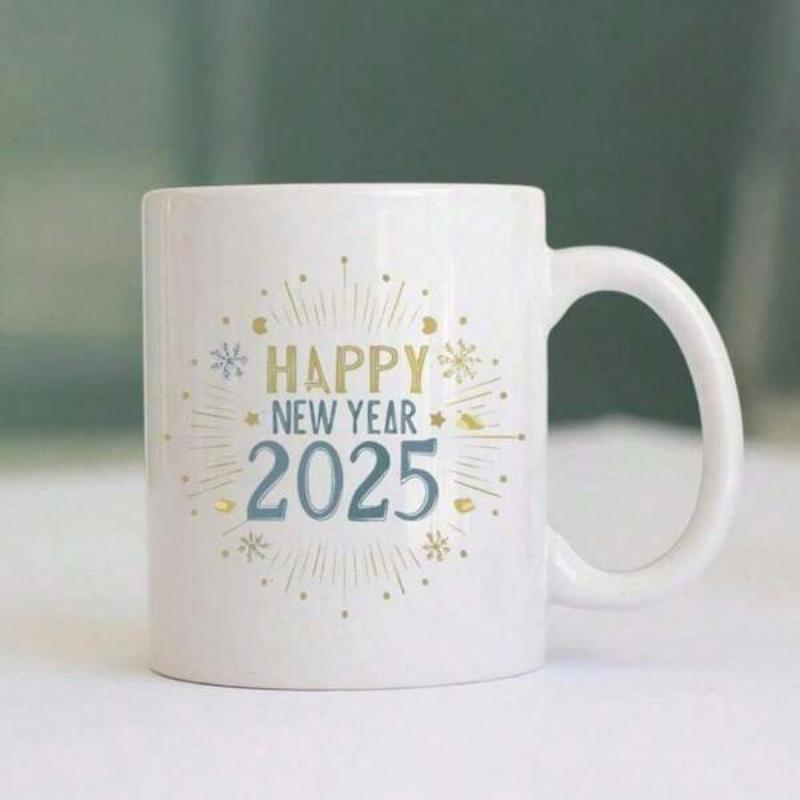 Tailorly White Ceramic 11 oz Mug - Happy New Year 2025 Festive Fireworks Display Featuring Golden Stars And Shimmering Decorative Elements Pattern