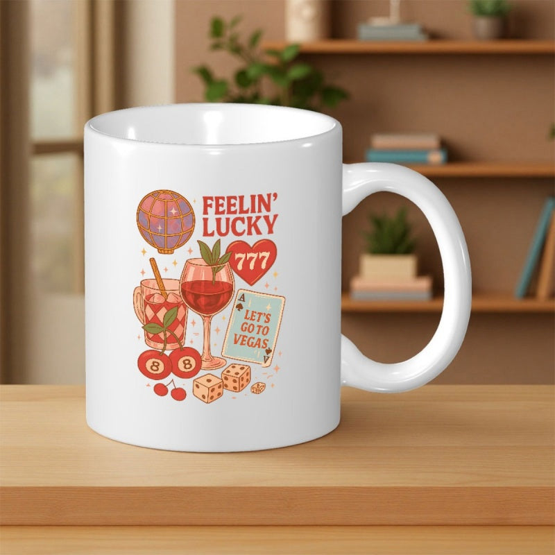 Tailorly White Ceramic 11 oz Mug - Feelin Lucky Lets Go To Vegas Retro Gambling Icons With Sparkling Cocktails Cherries And Lucky Dice