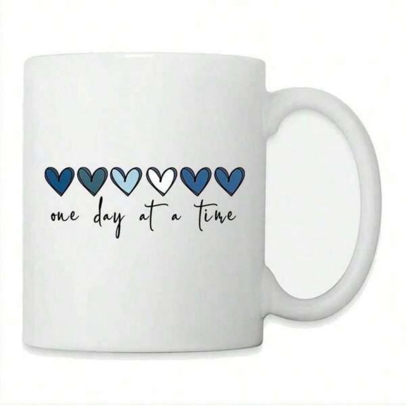Tailorly White Ceramic 11 oz Mug - One Day At A Time Minimalist Row Of Tiny Blue And White Decorative Heart