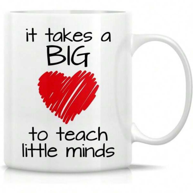 Tailorly White Ceramic 11 oz Mug - It Takes A Big To Teach Little Minds Scribbled Red Patterned Shape Surrounded By Handwritten Style Educational Quotes Heart