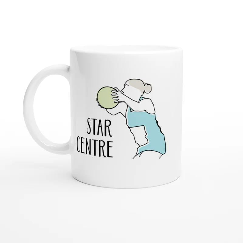 Tailorly White Ceramic 11 oz Mug - Star Centre Minimalist Line Drawing Of Athlete Holding Vibrant Green Ball Player