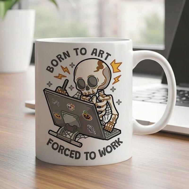 Tailorly White Ceramic 11 oz Mug - Born To Art Forced To Work Focused Cartoon Skeleton Drawing Digitally Under Bright Glowing Orange Sparks Skeleton