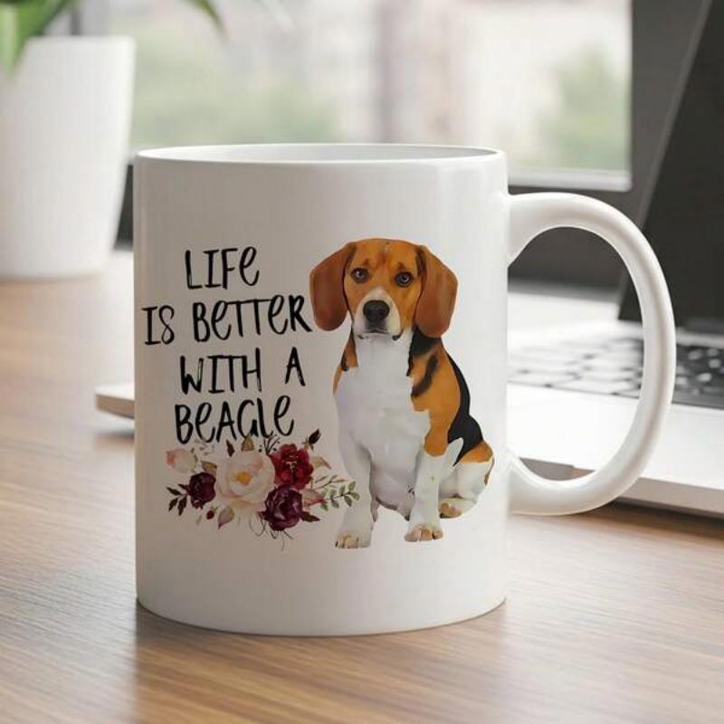 Tailorly White Ceramic 11 oz Mug - Life Is Better With A Beagle Adorable Tri Color Hound Sitting Patiently Beside Delicate Blooming Floral Bouquet Beagle