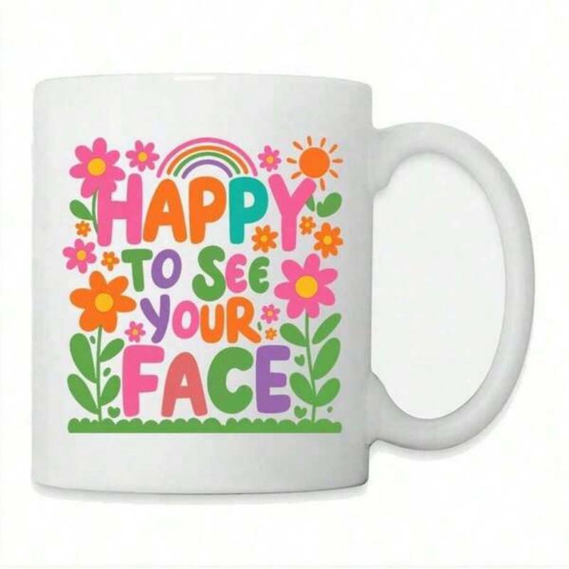 Tailorly White Ceramic 11 oz Mug - Happy To See Your Face Colorful Blooming Garden Under Bright Sun With Rainbow And Lush Green Grass Flowers