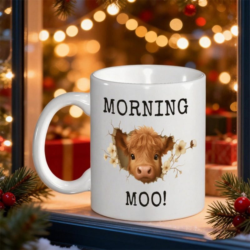 Tailorly White Ceramic 11 oz Mug - Morning Moo Adorable Brown Highland Calf Peering Through Small Delicate White Flowers Cow