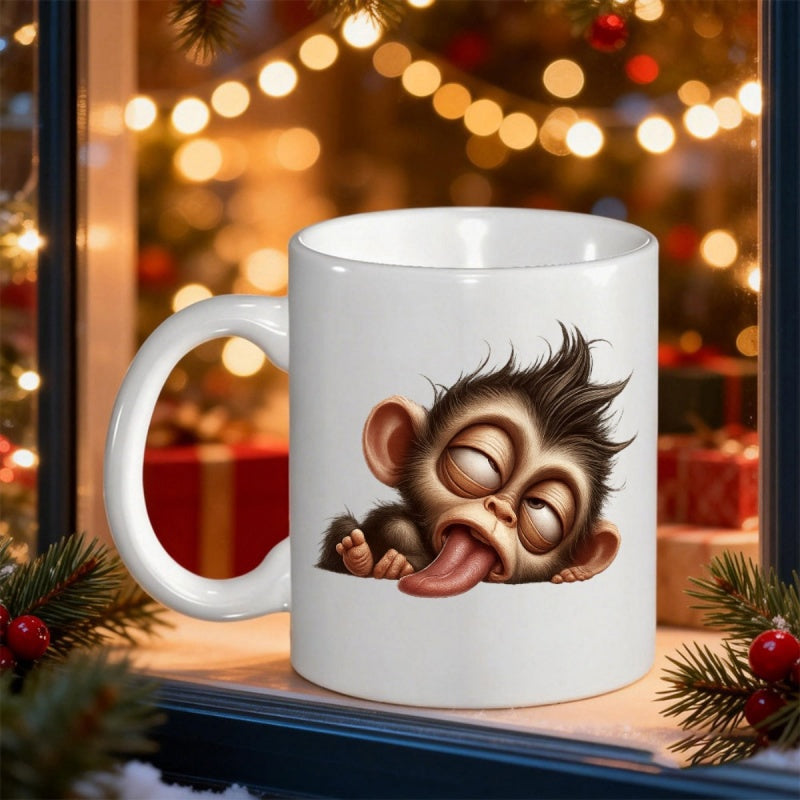Tailorly White Ceramic 11 oz Mug - Funny Sleepy Baby Primate With Long Pink Tongue Stuck Out Monkey
