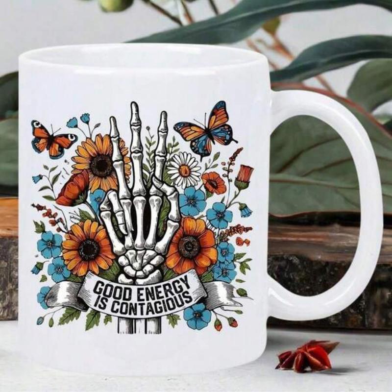 Tailorly White Ceramic 11 oz Mug - Good Energy Is Contagious Vibrant Floral Garden With Butterflies Surrounding A Peace Sign Skeleton Hand