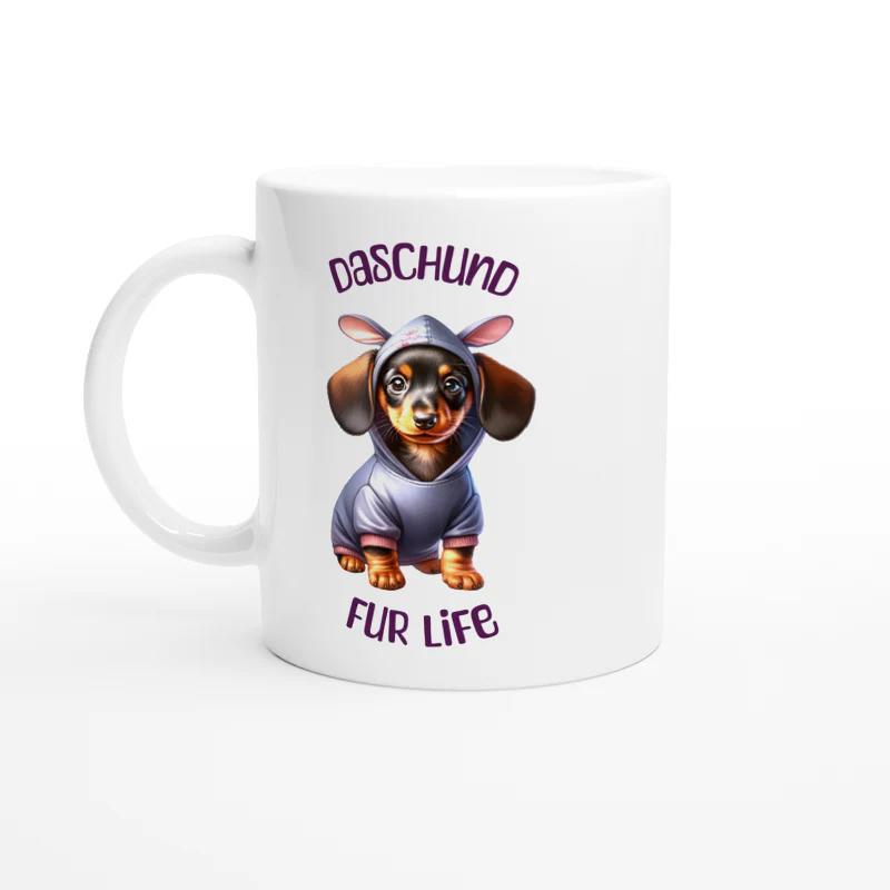 Tailorly White Ceramic 11 oz Mug - Dachshund Fur Life Adorable Small Puppy Wearing A Cozy Purple Hoodie With Ears Dachshund