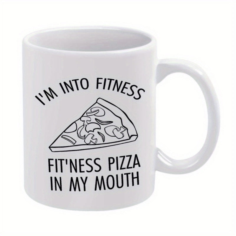Tailorly White Ceramic 11 oz Mug - Im Into Fitness Fitness Pizza In My Mouth Simple Black Line Art Drawing Of A Delicious Pepperoni Mushroom Pizza