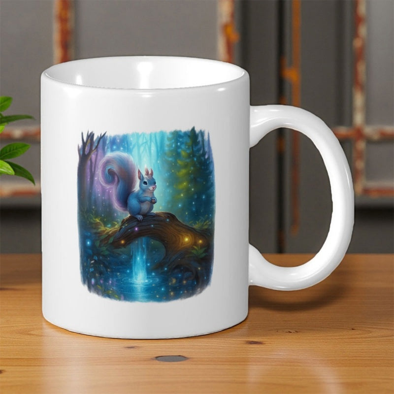 Tailorly White Ceramic 11 oz Mug - Ethereal Forest With Magical Fireflies Glowing Among Dark Pine Trees Squirrel