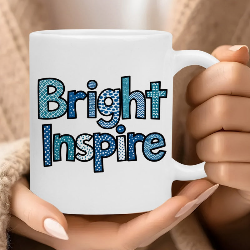Tailorly White Ceramic 11 oz Mug - Bright Inspire Patterned Blue Decorative Letters With Polka Dots And Stylized Texture Typography
