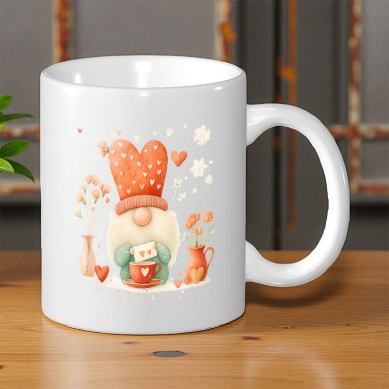 Tailorly White Ceramic 11 oz Mug - Charming Heart Hat Holding Cup Of Coffee Surrounded By Floating Hearts Gnome