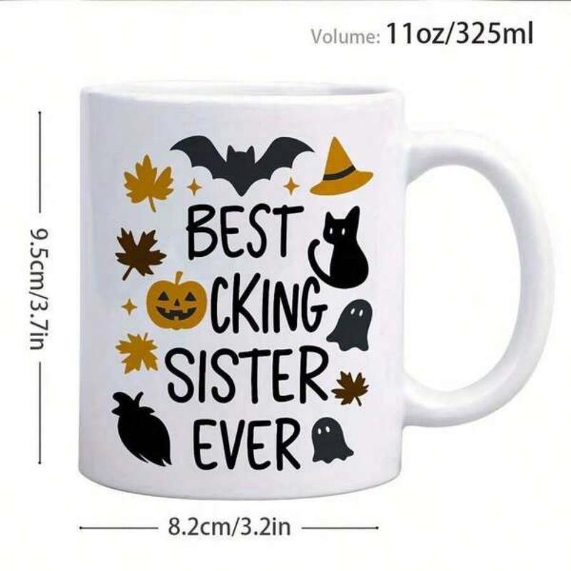 Tailorly White Ceramic 11 oz Mug - Best Fucking Sister Ever Spooky Halloween Icons With Flying Bats Ghosts And Autumn Maple Leaves Sister
