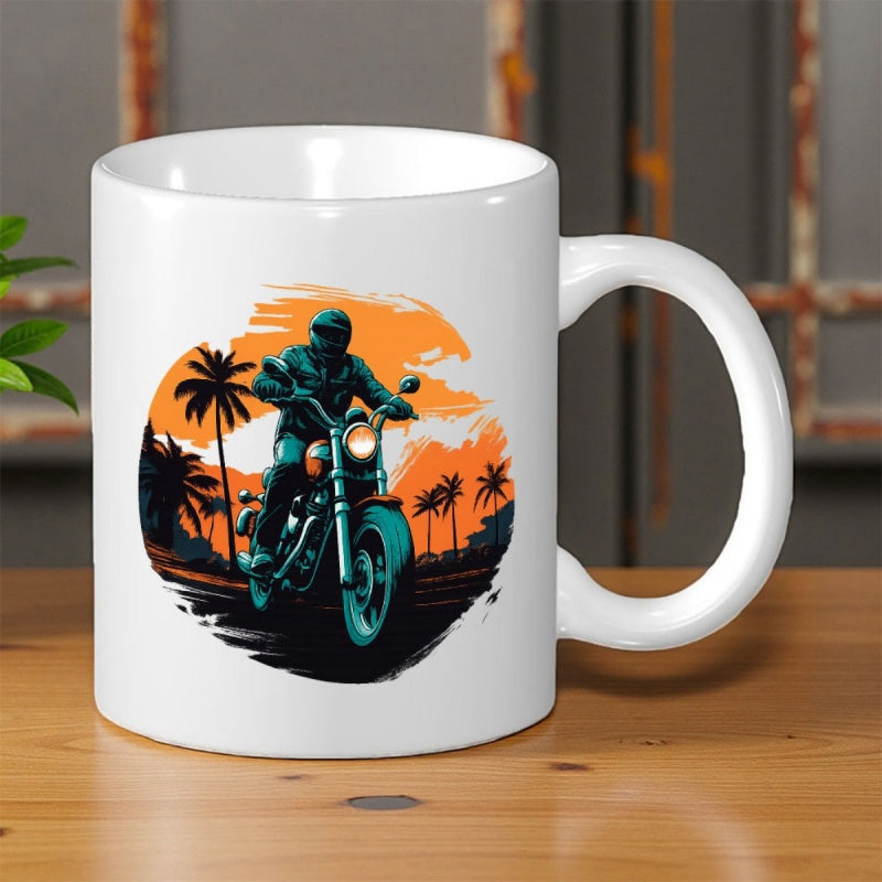 Tailorly White Ceramic 11 oz Mug - Vintage Biker Riding Under Golden Sunset Silhouette With Tropical Palm Trees Motorcycle