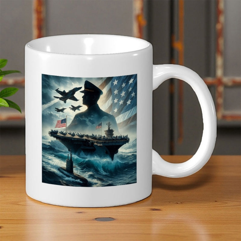 Tailorly White Ceramic 11 oz Mug - Patriotic Military Officer Silhouette Against American Flag Over Waves With Jets Aircraft Carrier
