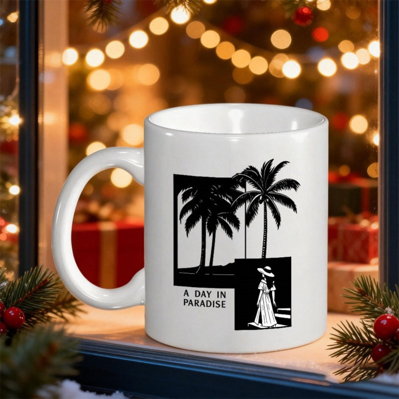 Tailorly White Ceramic 11 oz Mug - A Day In Paradise Silhouette Of Elegant Woman Walking Near Tropical Coastal Scenery With Lush Palm Tree