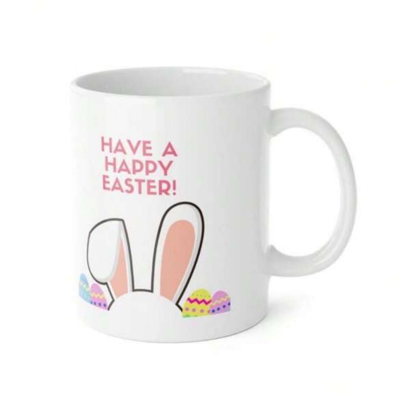 Tailorly White Ceramic 11 oz Mug - Have A Happy Easter Cute White Ears Among Colorful Patterned Eggs At Base Bunny