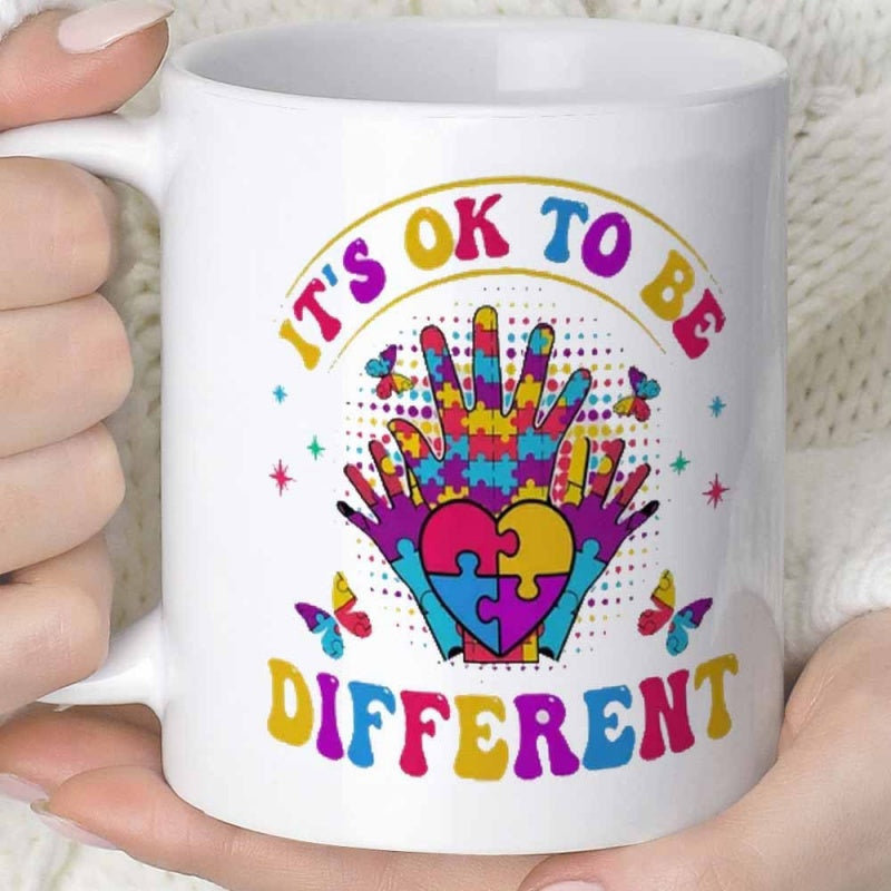 Tailorly White Ceramic 11 oz Mug - Its Ok To Be Different Colorful Puzzle Patterns Within Heart Among Flying Butterflies Handprint
