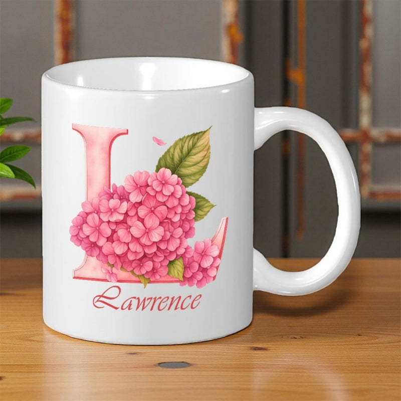 Tailorly White Ceramic 11 oz Mug - Lawrence Soft Pink Hydrangeas Blooming Gracefully Beside An Elegant Initial Hydrangea